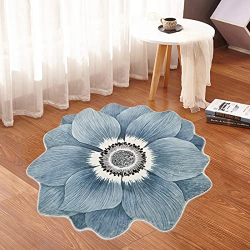 Flower Shaped Rug Round Carpet Trendy Bedroom Rug Non Slip Rug Cute Cozy Bath Mat for Indoor Bedroom Living Room Bathroom Kitchen Floor Mat, Diameter 39.4” Blue