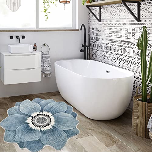 Flower Shaped Rug Round Carpet Trendy Bedroom Rug Non Slip Rug Cute Cozy Bath Mat for Indoor Bedroom Living Room Bathroom Kitchen Floor Mat, Diameter 39.4” Blue