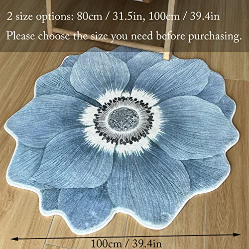 Flower Shaped Rug Round Carpet Trendy Bedroom Rug Non Slip Rug Cute Cozy Bath Mat for Indoor Bedroom Living Room Bathroom Kitchen Floor Mat, Diameter 39.4” Blue