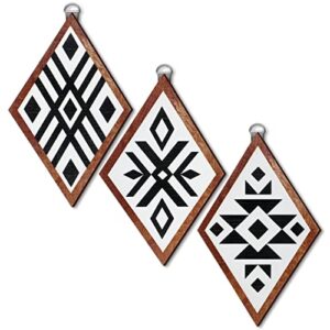 3 pcs western farmhouse home wall decor wooden boho aztec southwestern wall art black white hanging modern home decor geometric sign frame rustic wood prints for bedroom, 12 inch (white background)