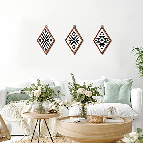 3 Pcs Western Farmhouse Home Wall Decor Wooden Boho Aztec Southwestern Wall Art Black White Hanging Modern Home Decor Geometric Sign Frame Rustic Wood Prints for Bedroom, 12 Inch (White Background)