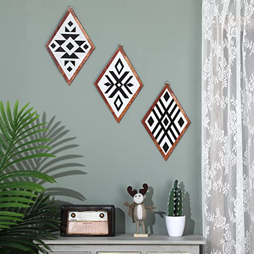 3 Pcs Western Farmhouse Home Wall Decor Wooden Boho Aztec Southwestern Wall Art Black White Hanging Modern Home Decor Geometric Sign Frame Rustic Wood Prints for Bedroom, 12 Inch (White Background)