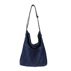 denim shoulder bag casual tote bag large hobo handbag jean purse for women (a-dark blue)