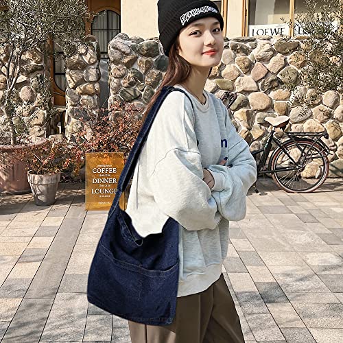 Denim Shoulder Bag Casual Tote Bag Large Hobo Handbag Jean Purse for Women (A-Dark Blue)