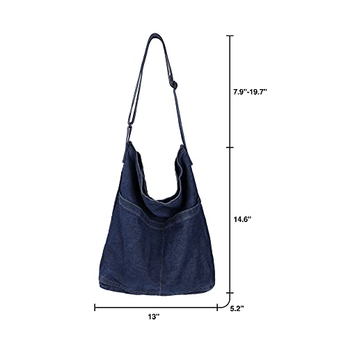 Denim Shoulder Bag Casual Tote Bag Large Hobo Handbag Jean Purse for Women (A-Dark Blue)