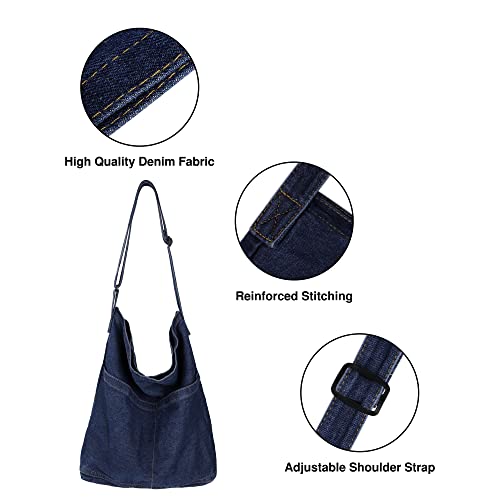 Denim Shoulder Bag Casual Tote Bag Large Hobo Handbag Jean Purse for Women (A-Dark Blue)