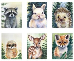 woodland creatures nursery wall art prints set of 6 for home decor (8 x 10 inch unframed on premium fine art matte paper) features a raccoon, fox, rabbit, hedgehog, deer and owl