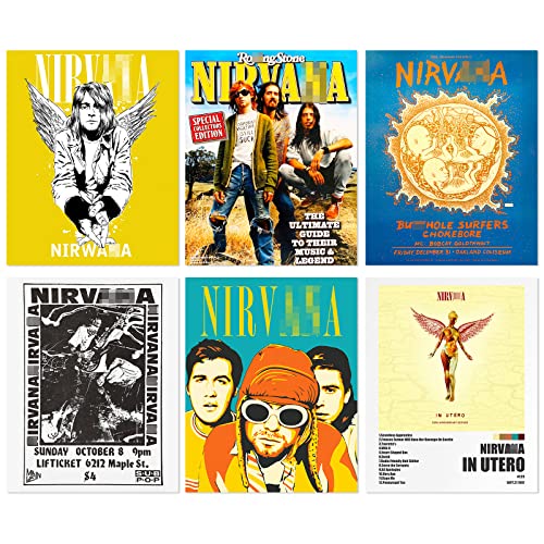 TRANSFIX Nirvana Band Posters - Set of 6 Pcs Unframed Canvas Prints Rock Posters Vintage Band Posters 8 * 10" Music Posters Rock N Roll Posters for Men Women Teens Boys Fans Music Lovers