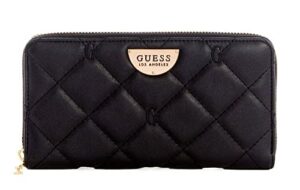 guess women’s quilted logo embroidered zip around wallet clutch bag – black