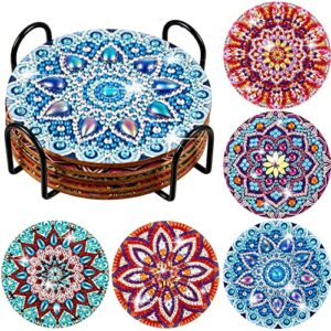 5 pcs diamond painting coasters diy mandala coaster for drinks with holder round wooden cute coasters bar coasters for beginners adults kids art craft supplies kinds of cups table housewarming gifts