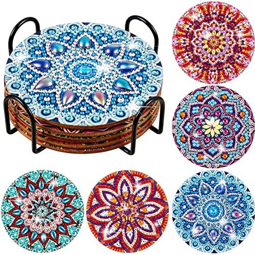 5 Pcs Diamond Painting Coasters DIY Mandala Coaster for Drinks with Holder Round Wooden Cute Coasters Bar Coasters for Beginners Adults Kids Art Craft Supplies Kinds of Cups Table Housewarming Gifts