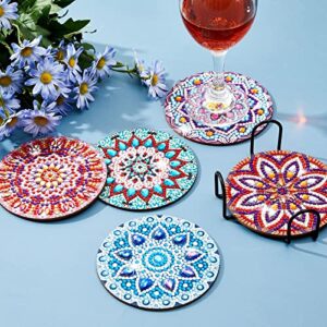 5 Pcs Diamond Painting Coasters DIY Mandala Coaster for Drinks with Holder Round Wooden Cute Coasters Bar Coasters for Beginners Adults Kids Art Craft Supplies Kinds of Cups Table Housewarming Gifts