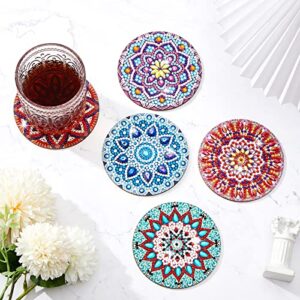 5 Pcs Diamond Painting Coasters DIY Mandala Coaster for Drinks with Holder Round Wooden Cute Coasters Bar Coasters for Beginners Adults Kids Art Craft Supplies Kinds of Cups Table Housewarming Gifts