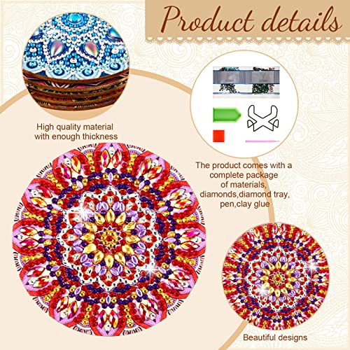 5 Pcs Diamond Painting Coasters DIY Mandala Coaster for Drinks with Holder Round Wooden Cute Coasters Bar Coasters for Beginners Adults Kids Art Craft Supplies Kinds of Cups Table Housewarming Gifts