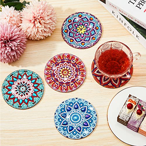 5 Pcs Diamond Painting Coasters DIY Mandala Coaster for Drinks with Holder Round Wooden Cute Coasters Bar Coasters for Beginners Adults Kids Art Craft Supplies Kinds of Cups Table Housewarming Gifts