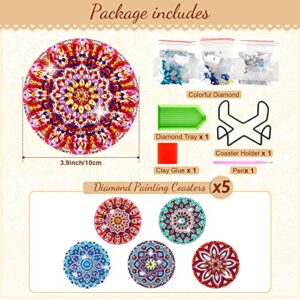 5 Pcs Diamond Painting Coasters DIY Mandala Coaster for Drinks with Holder Round Wooden Cute Coasters Bar Coasters for Beginners Adults Kids Art Craft Supplies Kinds of Cups Table Housewarming Gifts