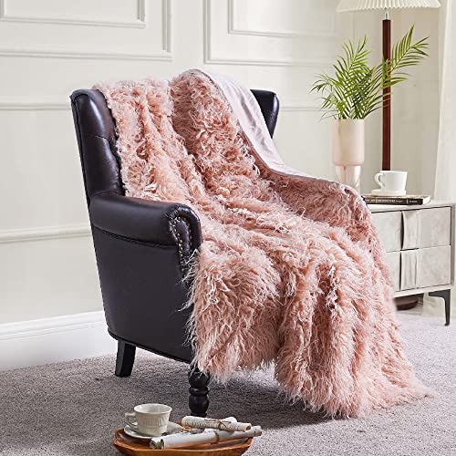 BYTIDE Mongolian Long Hair Faux Fur Plush Throw Blankets with Micromink Back, Soft Luxury Furry Fuzzy Shaggy Throw for Couch Sofa Chair Bed Cover Bedroom Living Room Home Décor, 50 x 60 Inches, Pink