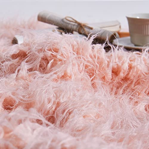 BYTIDE Mongolian Long Hair Faux Fur Plush Throw Blankets with Micromink Back, Soft Luxury Furry Fuzzy Shaggy Throw for Couch Sofa Chair Bed Cover Bedroom Living Room Home Décor, 50 x 60 Inches, Pink