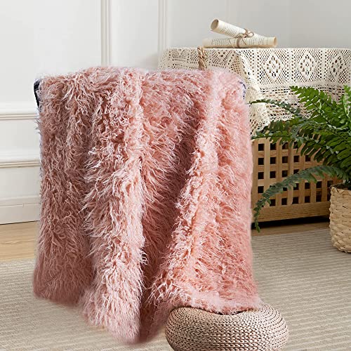BYTIDE Mongolian Long Hair Faux Fur Plush Throw Blankets with Micromink Back, Soft Luxury Furry Fuzzy Shaggy Throw for Couch Sofa Chair Bed Cover Bedroom Living Room Home Décor, 50 x 60 Inches, Pink
