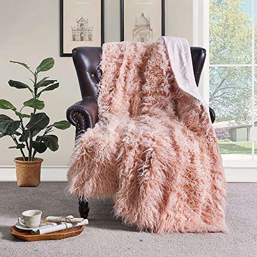 BYTIDE Mongolian Long Hair Faux Fur Plush Throw Blankets with Micromink Back, Soft Luxury Furry Fuzzy Shaggy Throw for Couch Sofa Chair Bed Cover Bedroom Living Room Home Décor, 50 x 60 Inches, Pink