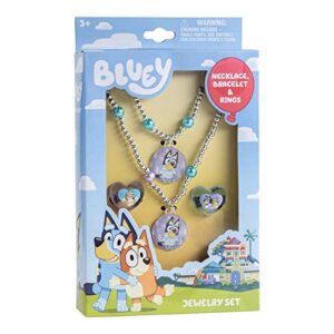 LUV HER Bluey Girls 4 Piece Costume Toy Jewelry Box Set with Silver Rings, Bead Bracelet and Necklace Ages 3+