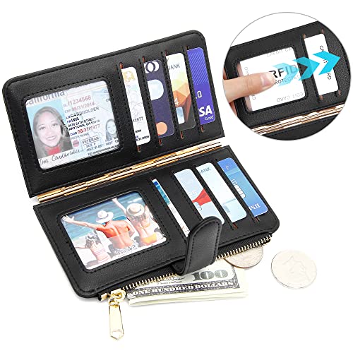 Badiya Credit Card Holder for Women RFID Blocking Slim Wallet Bifold Multi Card Case Zipper Pocket with 3 ID Window