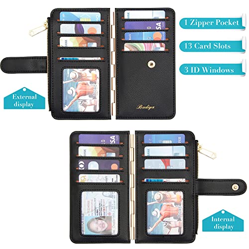 Badiya Credit Card Holder for Women RFID Blocking Slim Wallet Bifold Multi Card Case Zipper Pocket with 3 ID Window