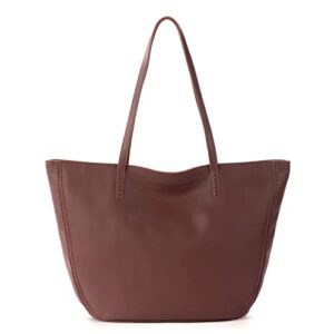the sak faye tote bag in leather, large purse with double shoulder straps, teak vachetta