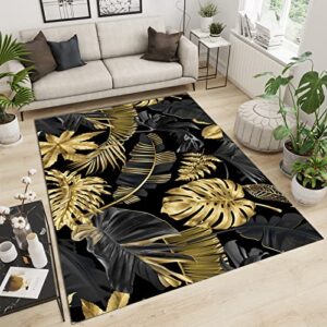 light luxury black and gold leaf area rug, luxurious characteristic decorative rug, soft and fluffy soft foot feeling high cost performance very for living room bedroom terrace balcony 3x5ft