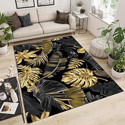 Light Luxury Black and Gold Leaf Area Rug, Luxurious Characteristic Decorative Rug, Soft and Fluffy Soft Foot Feeling High Cost Performance Very for Living Room Bedroom Terrace Balcony 3x5ft