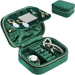 procase plush velvet jewelry boxes, compact travel jewelry organizer, small jewellery box for women, zippered portable jewelry storage case with mirror for traveling, daily use and gifts -emerald