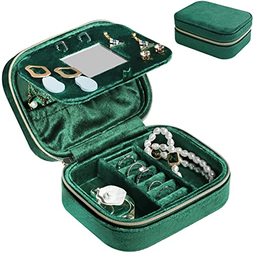 ProCase Plush Velvet Jewelry Boxes, Compact Travel Jewelry Organizer, Small Jewellery Box for Women, Zippered Portable Jewelry Storage Case with Mirror for Traveling, Daily Use and Gifts -Emerald