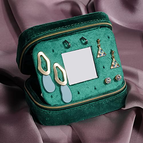 ProCase Plush Velvet Jewelry Boxes, Compact Travel Jewelry Organizer, Small Jewellery Box for Women, Zippered Portable Jewelry Storage Case with Mirror for Traveling, Daily Use and Gifts -Emerald