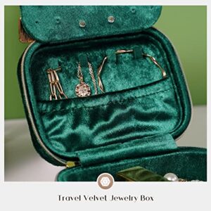 ProCase Plush Velvet Jewelry Boxes, Compact Travel Jewelry Organizer, Small Jewellery Box for Women, Zippered Portable Jewelry Storage Case with Mirror for Traveling, Daily Use and Gifts -Emerald