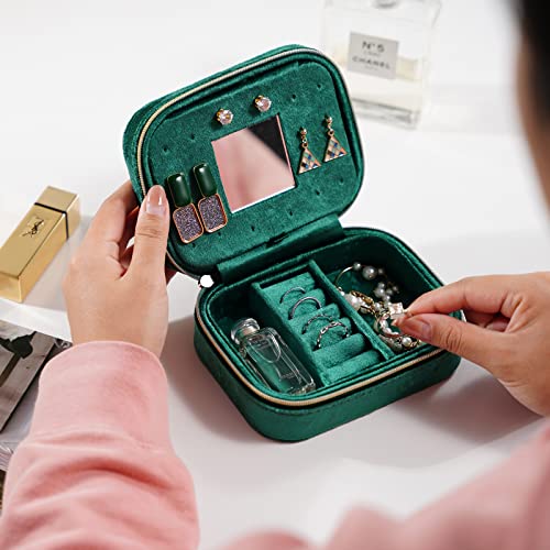 ProCase Plush Velvet Jewelry Boxes, Compact Travel Jewelry Organizer, Small Jewellery Box for Women, Zippered Portable Jewelry Storage Case with Mirror for Traveling, Daily Use and Gifts -Emerald