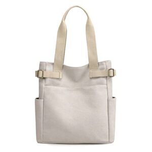 women canvas tote bag large with zippered closure school tote beach work travel shoulder bags (beige)