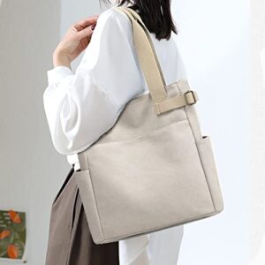 Women Canvas Tote Bag Large With Zippered Closure School ToTe Beach Work Travel Shoulder Bags (Beige)