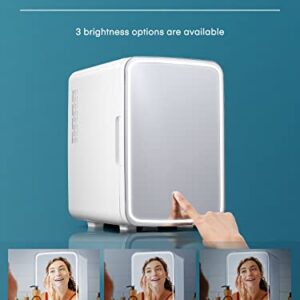 FOHERE Skincare Mini Fridge for Bedroom 10 Liter/11 Can, Portable Mini Fridge for Food, Beverage, Cosmetics, Snacks, Cooler and Warmer Function, AC/DC Small Refrigerator with Mirror, White