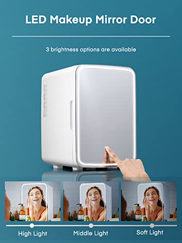 FOHERE Skincare Mini Fridge for Bedroom 10 Liter/11 Can, Portable Mini Fridge for Food, Beverage, Cosmetics, Snacks, Cooler and Warmer Function, AC/DC Small Refrigerator with Mirror, White