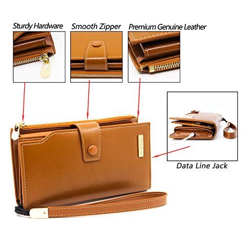 ANDOILT Women's RFID Blocking Large Capacity Luxury Wax Genuine Leather Clutch Wallet Card Holder Organizer Ladies Purse Cell Phone Handbag Brown