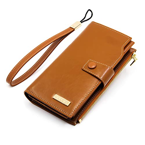ANDOILT Women's RFID Blocking Large Capacity Luxury Wax Genuine Leather Clutch Wallet Card Holder Organizer Ladies Purse Cell Phone Handbag Brown