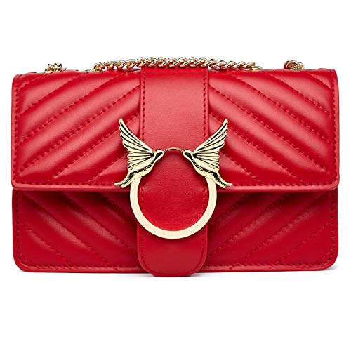 Women Fashion Shoulder Bag Genuine Leather Clutch Handbag Quilted Crossbody Bag with Chain - Wine