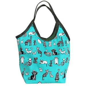 a-to cat shoulder purse cotton cloth handbag casual tote work bag for women, ladies fashion reversible pattern cat print bag teal purse, cat lover gifts accessories, medium