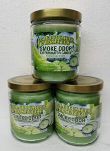 smoke odor exterminator 13oz jar candles cool cucumber & honeydew, (3) set of three candles.