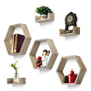 rr round rich design wall shelf set of 6 – rustic wood 3 hexagon boxes and 3 small shelves carbonized