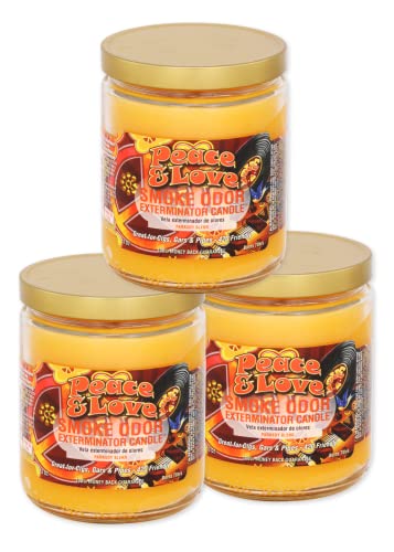 Smoke Odor Exterminator 13oz Jar Candles (Peace & Love, 3) Set of Three Candles.