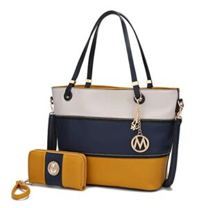 Mia K Collection Tote Satchel Handbag for Women, Wristlet Wallet Set – PU Leather Bag – Top Handle Shoulder Purse Ivory-Navy