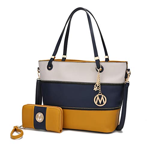 Mia K Collection Tote Satchel Handbag for Women, Wristlet Wallet Set – PU Leather Bag – Top Handle Shoulder Purse Ivory-Navy