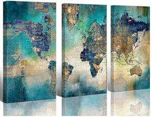 large world map canvas prints wall art for living room office “16×32” 3 piece green world map picture artwork decor for home decoration