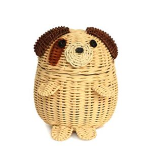 G6 COLLECTION Dog Rattan Storage Basket with Lid Decorative Home Decor Hand Woven Shelf Organizer Cute Handmade Handcrafted Nursery Gift Art Animal Decoration Artwork Wicker Puppy (Small)